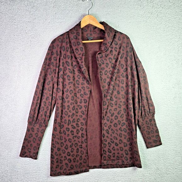 Ann Taylor Open Front Leopard Cardigan Large Brown Black Trendy Fall Workwear - Picture 13 of 14